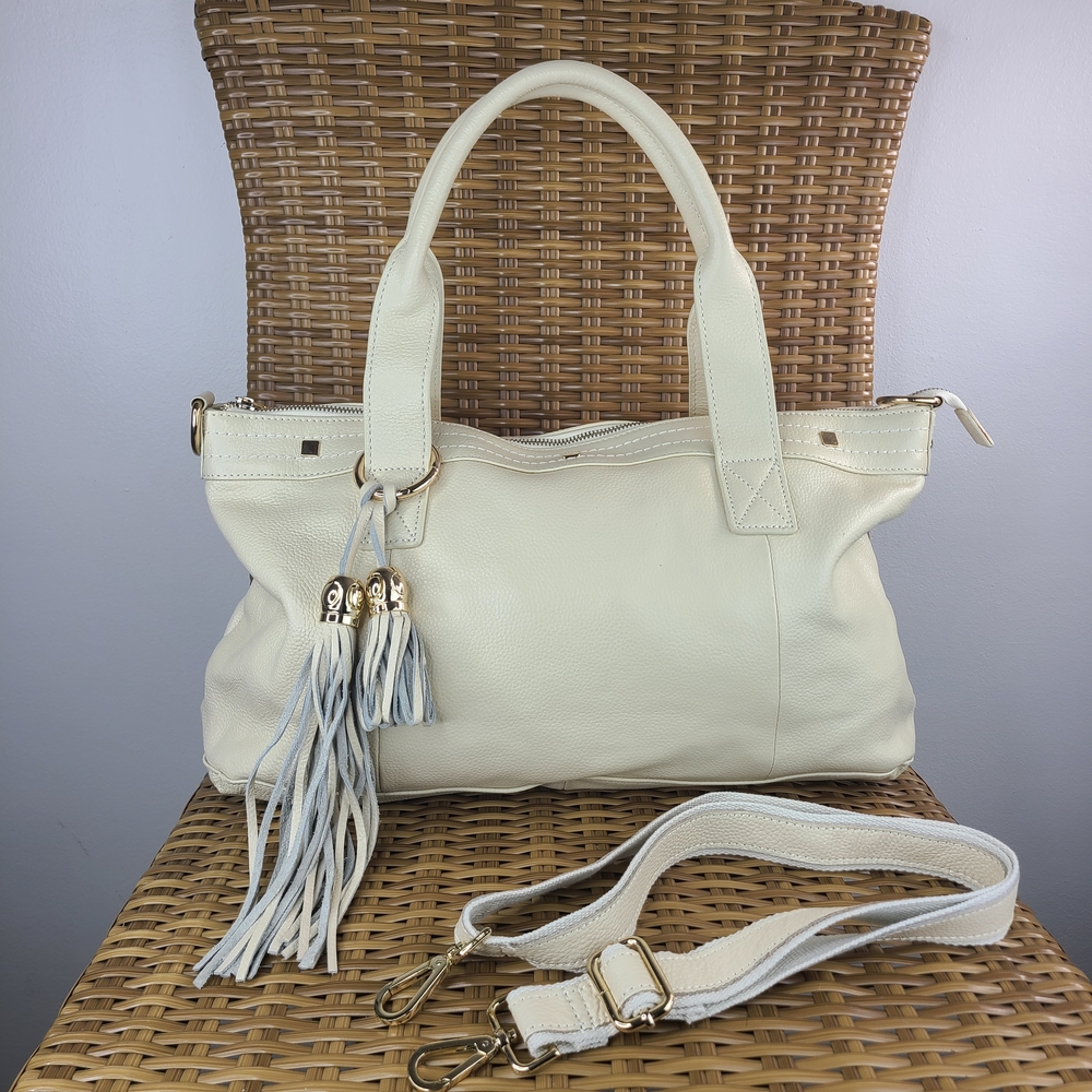 Cuore & Pelle Amelia Cream Leather Shoulder Bag Satchel Purse Tassel Accents